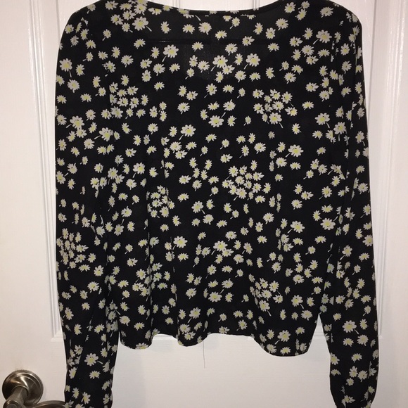 Black button down sheer blouse with white flowers - Picture 2 of 3